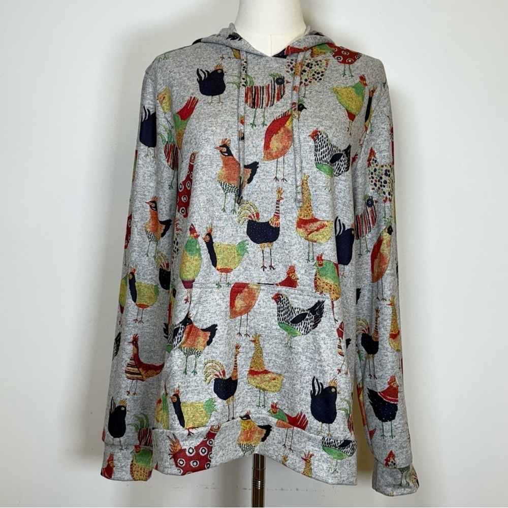 L.A. Soul Colorful Chicken Print Pullover Hoodie Soft Cozy Women’s Size Medium